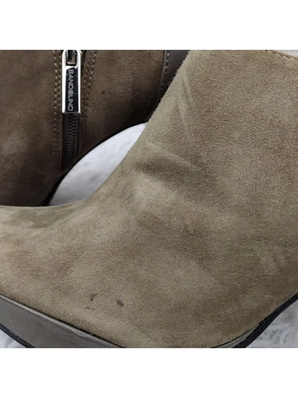 Bandolino Cardinal Taupe Suede Patent Leather Almond Toe High Heel Ankle Bootie
